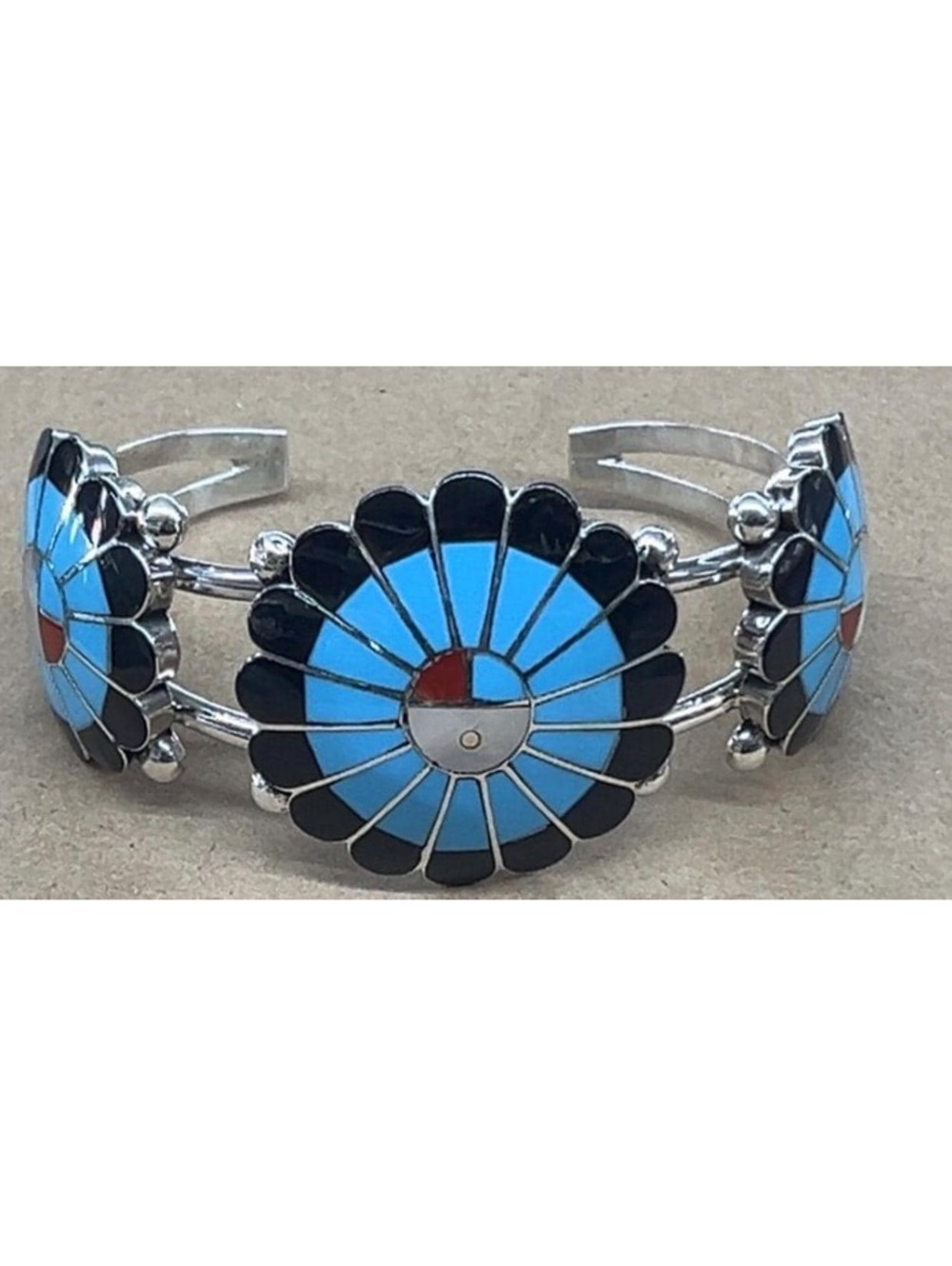 Zuni sterling silver turquoise cluster traditional exquisite sunface bracelet